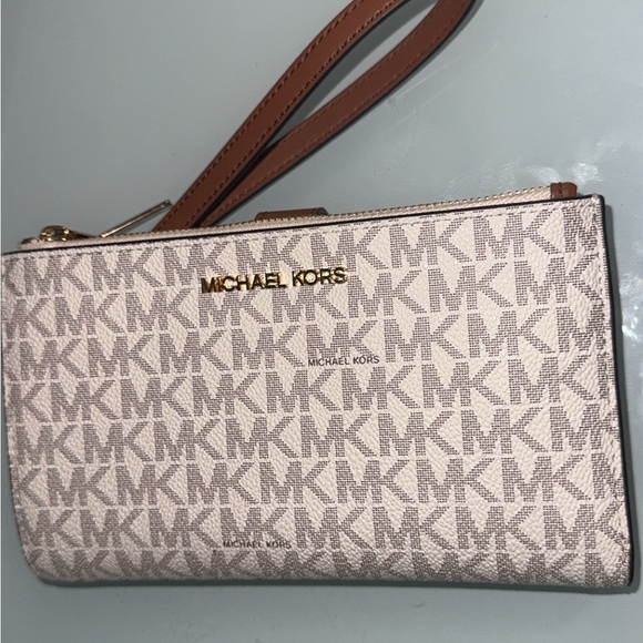 Michael Kors Monogram Beige and Brown Wristlet - Picture 1 of 3